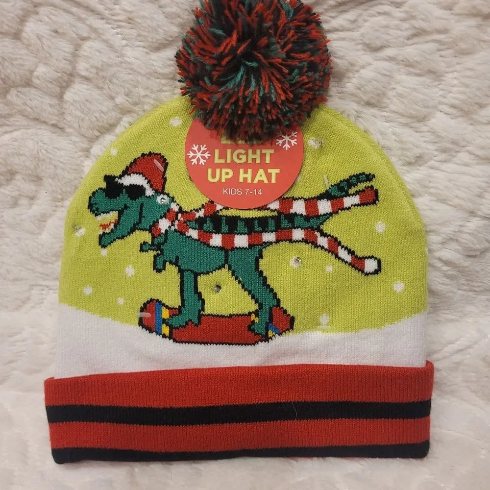 Christmas Beanie Hat Santa T-Rex Dinosaur Snowboard Flashing Light Up 7-14 New